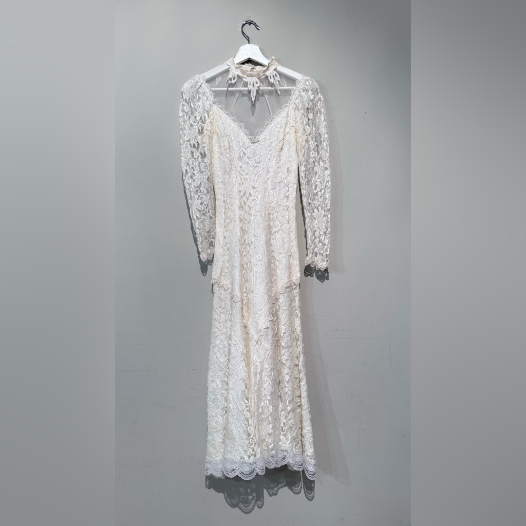 Vintage New Leaf Lace Wedding Dress Flowers Long Sleeve Low Back Ivory Women 5/6